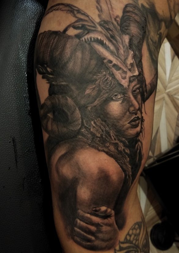Black and grey tattoo by Mukesh the Founder of RK's Tattoo studio Goa